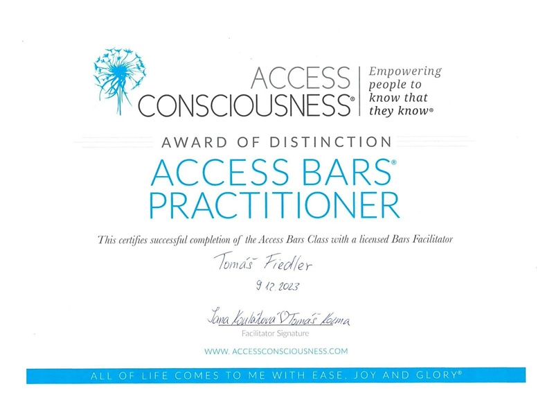 Certifikát Access Bars Practitioner, Tomáš Fiedler
